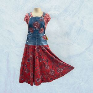 Upcycled Boho Blue & Red Cotton Jersey Overall Maxi Dress with Appliqués, Size M